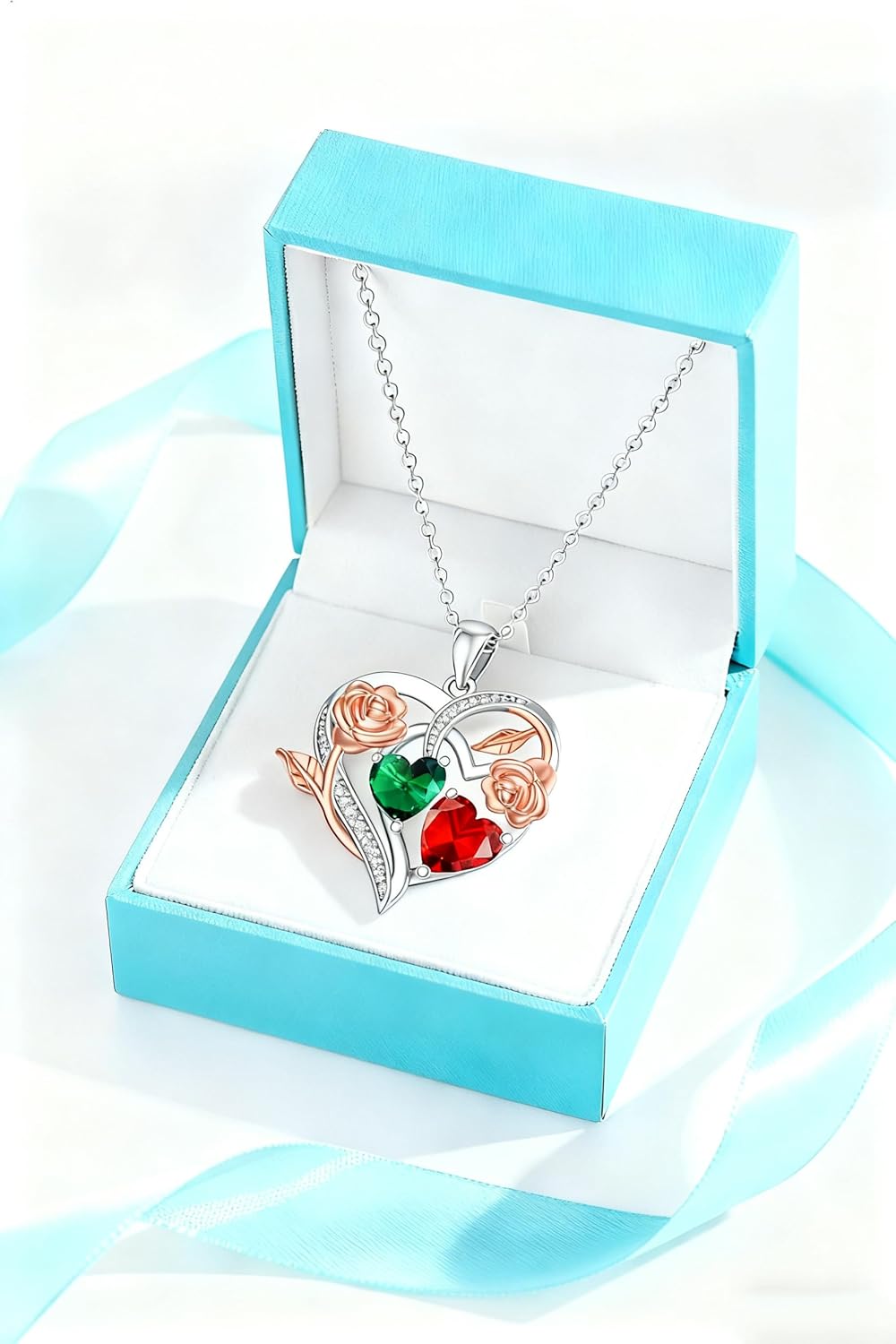 KQ&TTENG Heart Necklace Gifts for Women 18K White Gold Plated Double Birthstone Necklace Rose Flower Pendant Birthday Anniversary Christmas Jewelry Gift for Wife Her Mon