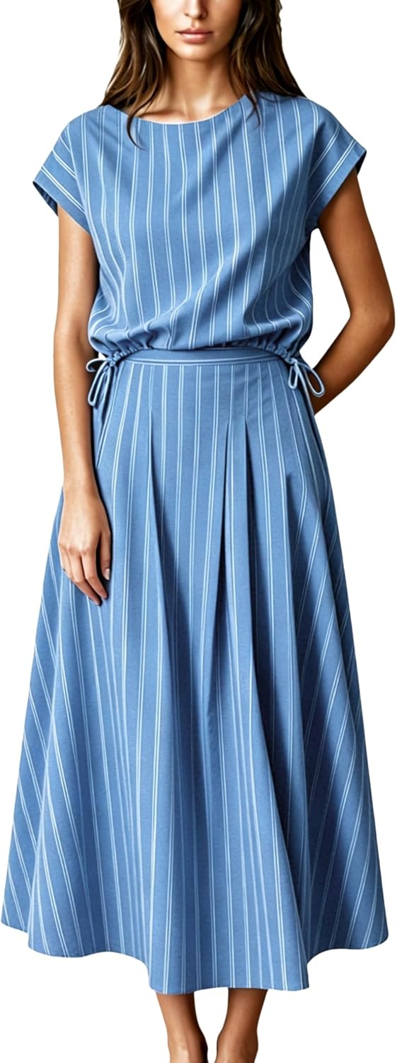 Wanzetaly Women's Summer Striped 2 Piece Skirt Sets Cap Sleeve Top Maxi Dress Matching Set Travel Outfits with Pockets