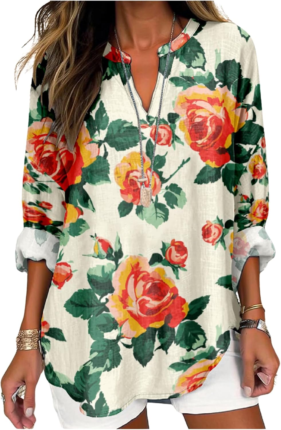 Summer Lightweight Blouses 3/4 Long Sleeve Office Shirts for Women V Neck Casual Fit Trendy Bussiness Work Tops