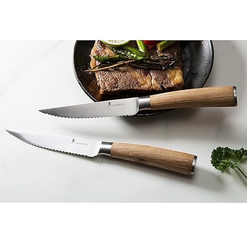 Miniatura 4 de kangdelun Natura Series - Juego de 8 cuchillos dentados para carne de 4.5 pulgadas, acero inoxidable de alto carbono, mango de madera amarillo