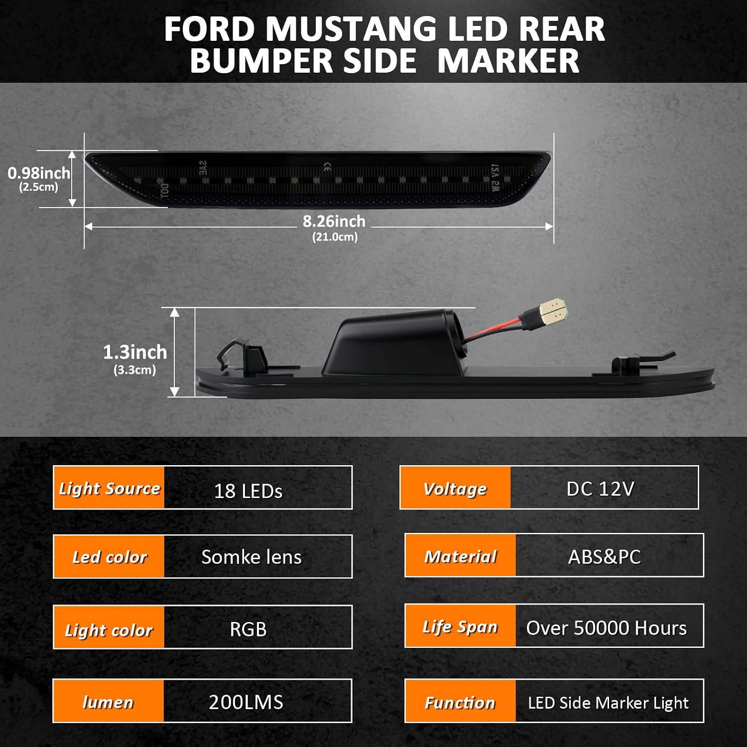 Bestview RGB LED Side Marker Lights for Ford Mustang 2015-2023, Rear Fender Bumper side Marker Reflectors Lamps Kit Assembly,16 Color Lighting Somked Len