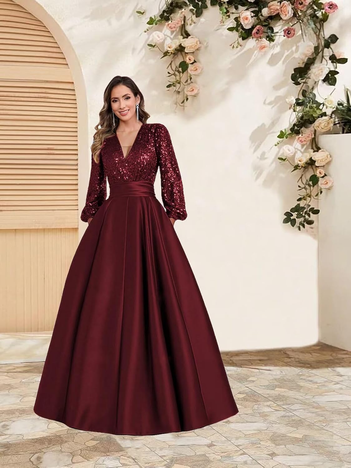Sequin Satin Prom Dress Ball Gown for Women with Long Sleeve A-line V-Neck Formal Evening Dress Floor Length