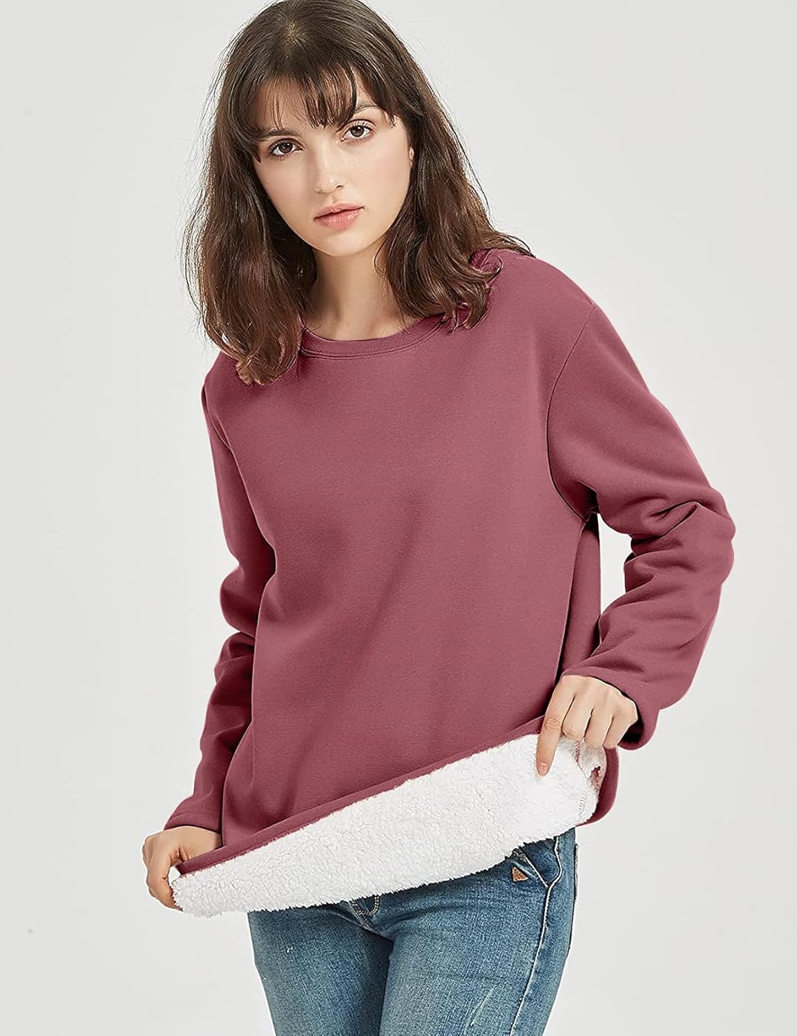 Flygo Women's Winter Warm Sherpa Lined Fleece Crewneck Sweatshirt Pullover Loungewear Tunic Tops - Image 2