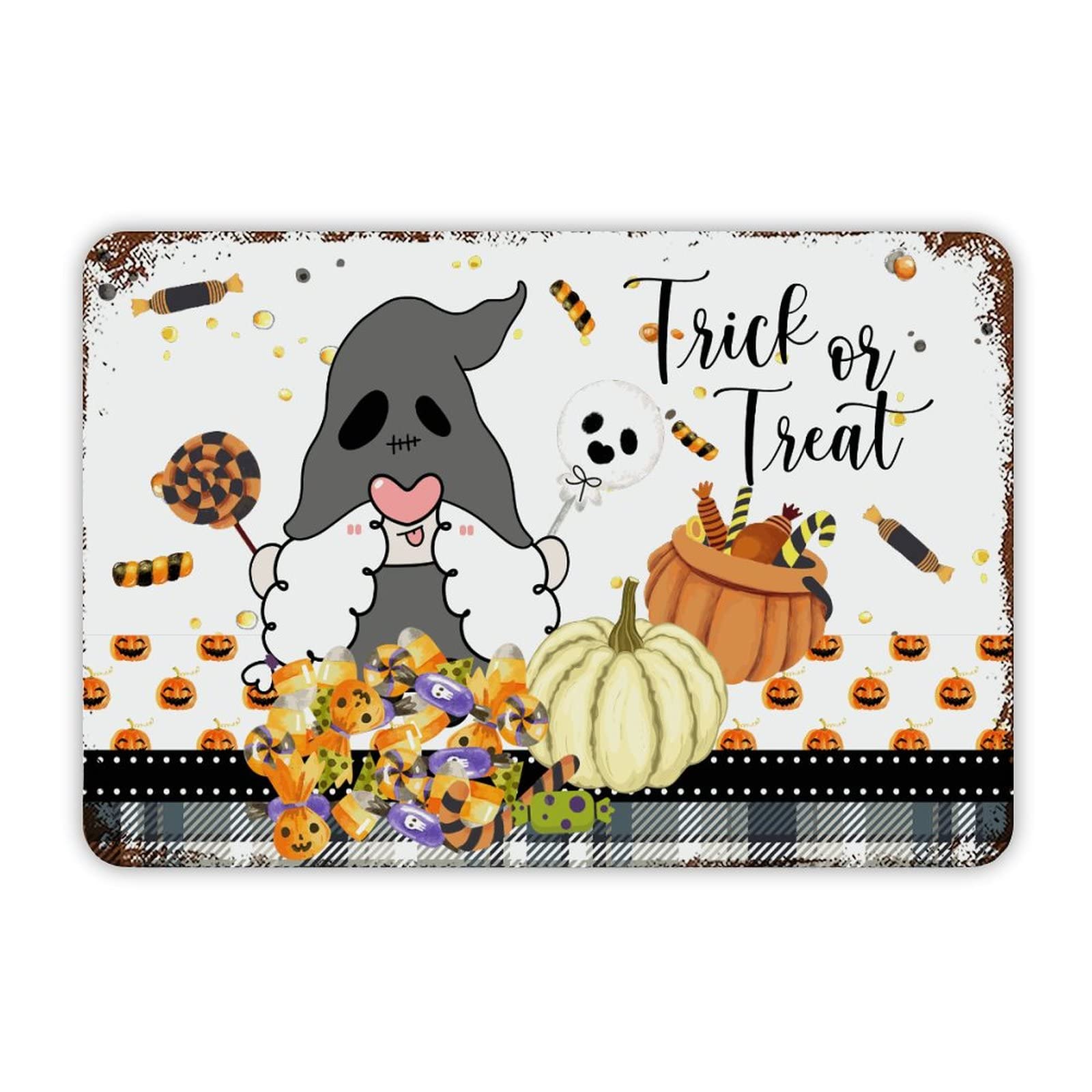 ENEDNATE Trick Or Treat Halloween Gnome Pumpkin Vintage Man Cave Metal Sign 8x12 Inch Decorative Aluminum Tin Sign for Indoor Outdoor Kitchen Bar Restaurant Cafe Pub Wall Art Decor Hanging Poster