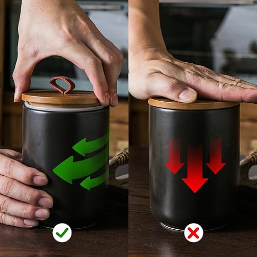 Miniatura 5 de JOJUNO Juego de recipientes de cerámica negra con tapa de madera, tarros herméticos de almacenamiento de alimentos de 3 piezas para encimera de