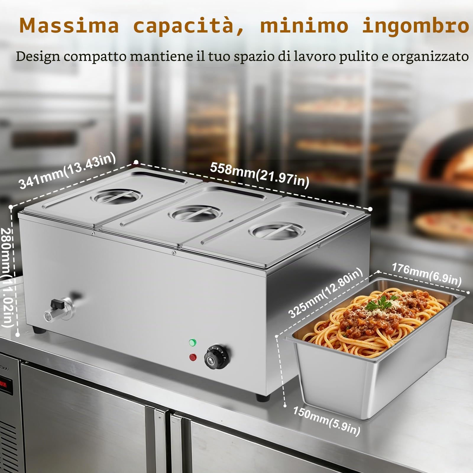 TAIMIKO Bagno Marie elettrico in acciaio inox 220 V scaldavivande professionali commerciali con 3 contenitori per pentole con valvola di svuotamento, controllo della temperatura