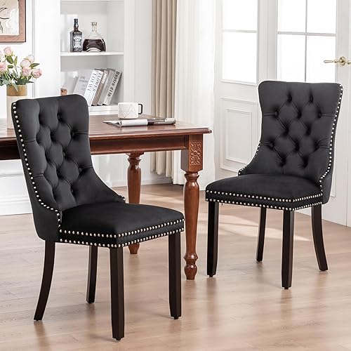 Miniatura 132 de Kiztir Juego de 2 sillas de comedor de terciopelo, sillas de comedor tapizadas con ribete de anillo y respaldo con botón, silla de comedor copetuda