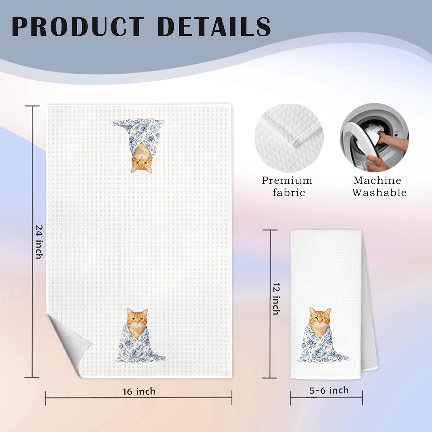 Blue and White Chinoiserie Orange Cat Kitchen Towels, Orange Cat Gifts for Women Dish Tea Towels for Kitchen Decor, Cute Kitty Kitten Decorative Hand Towel Bathroom Yoga Spa Decor, 16x24 Inch - Image 5