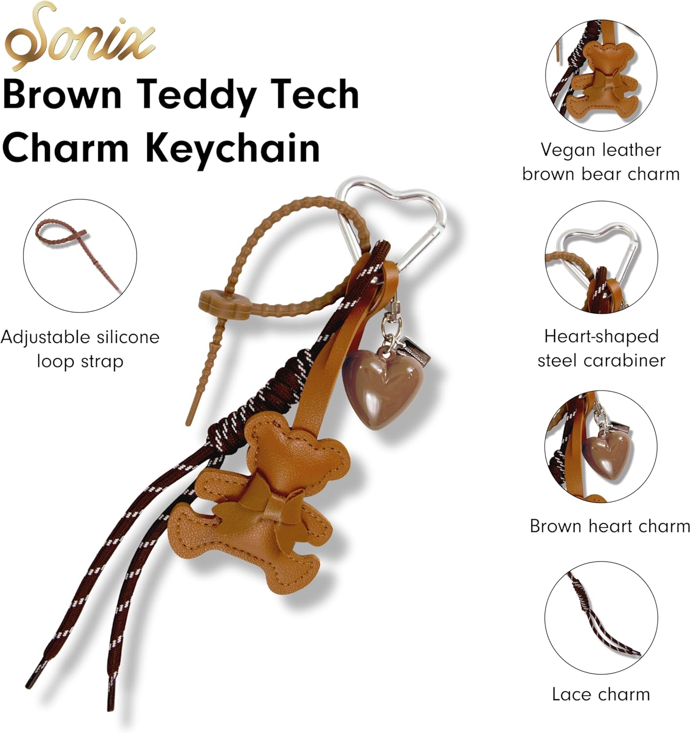 Sonix Teddybear Tech Keychain Accessory - Cute Aesthetic Bag Charm Key Chain for Purses, Handbags - Brown Bear - Image 3