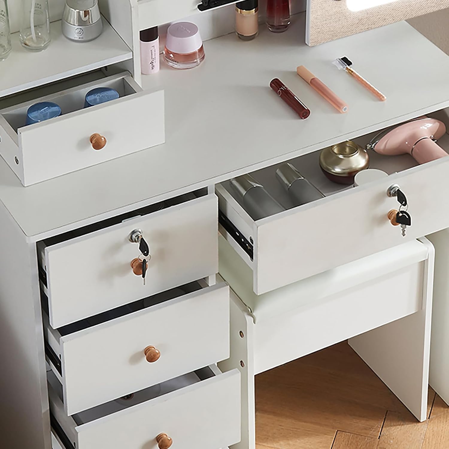 Vanity Desk with Mirror with Lights, Makeup Vanity with LED Ligted Mirror, Vanity Table Set with 5 Drawers and Stool, Shelves, Vanity Makeup Table with Mirror for Bedroom, White