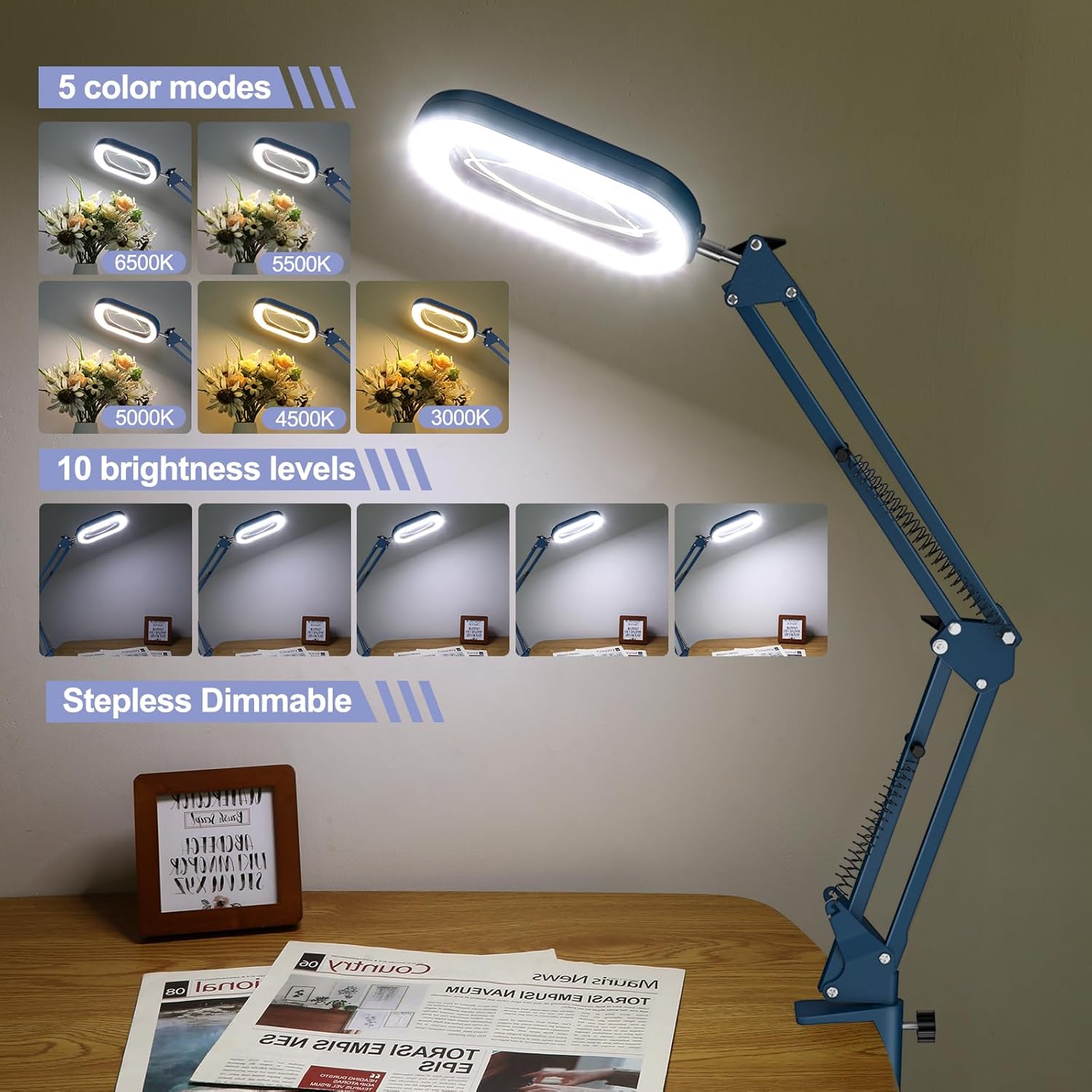 10X Rectangle Magnifying Glass with Light and Stand, 5 * 3 Inch Real Glass 5 Color Modes Stepless Dimmable LED Floor Lamp, 3-in-1 Large Lighted Magnifier for Reading Painting Craft Close Work - Blue