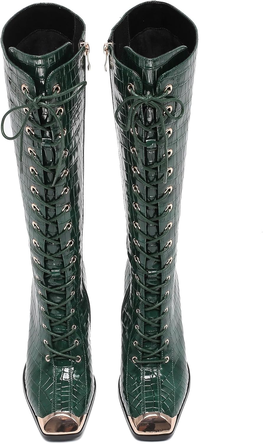 Ninety Union Fuji Women’s Knee-High Boots - Croc Print and Lace-Up Front 2.75" Chunky Block Heel Boots (BLACK, 4)