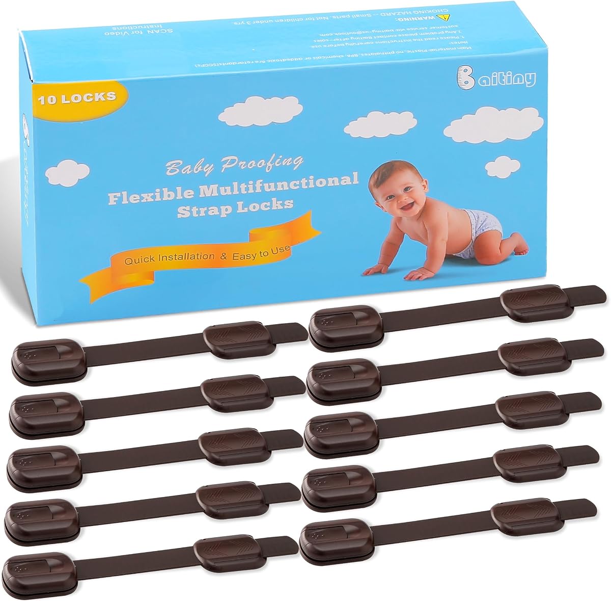 Baby Proofing Strap Locks for Cabinets and Drawers, 10 Pack, Brown | For baby proofing cabinets, drawers, refrigerators, ovens and toilets; adjustable no-drill adhesive strap locks in brown.