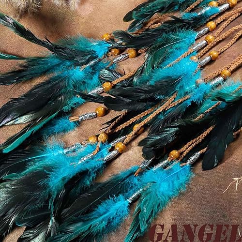Miniatura 7 de Gangel Diadema de plumas bohemias, tocado indio gitano, elástico, hippie, plumas, con plumas azules y negras, cuerda de cáñamo larga con borla para