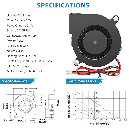 Miniatura 7 de Wathai Ventilador ventilador 5015 de 1.969 in de doble bola de 24 V Mini Turbo de refrigeración con cable de 39 pulgadas para impresora 3D Ender 3