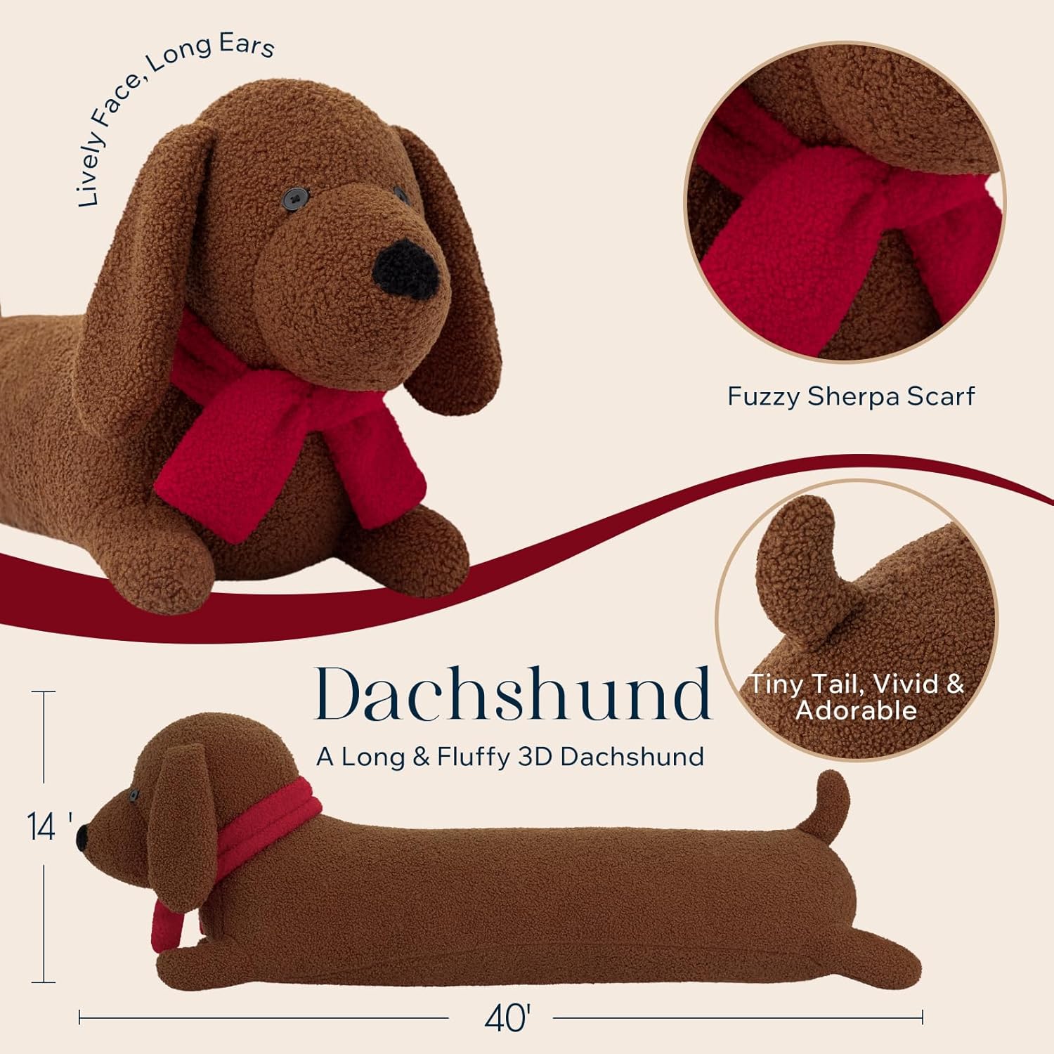 Phantoscope Christmas Animal Series, Dachshund Shaped Throw Pillow with Scarf, Sherpa Large Long Body Pillow Christmas Decorative Pillows for Couch, Sofa, Bed, Coffee Dachshund 14 x 40 inches