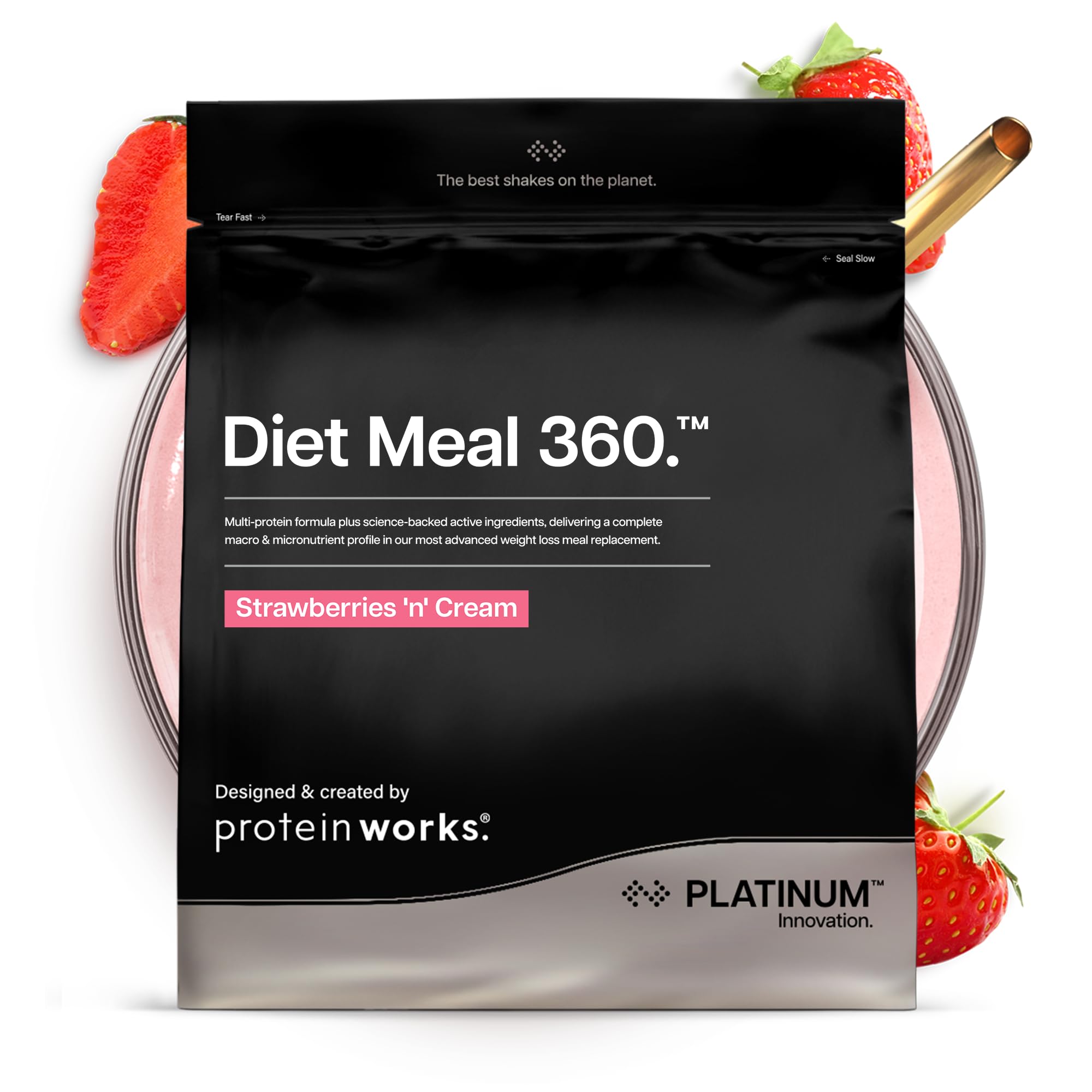 Protein Works | Diet Meal 360 - PLATINUM Innovation, Diet Meal Replacement Shake, Supports Weight Loss, 26 Vitamins & Minerals, Added Flaxseed, Inulin, Omega 3, Strawberries 'n' Cream, 16 Meals, 1kg