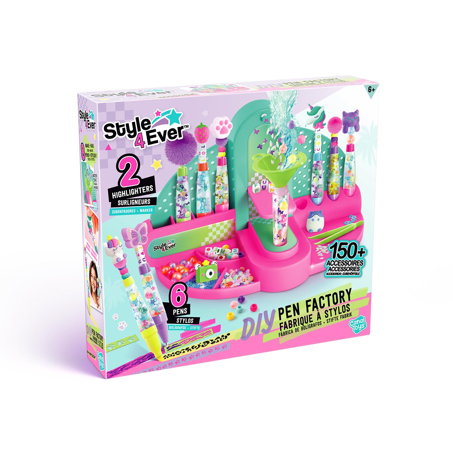Canal Toys - Style 4 Ever DIY Pen Factory – Kit Creativo per Creare Penne ed Evidenziatori – 6 Penne + 2 Highlighter – 150+ Accessori, Perline, Glitter, Sticker – Set Cancelleria Bambini 6+ OFG 306