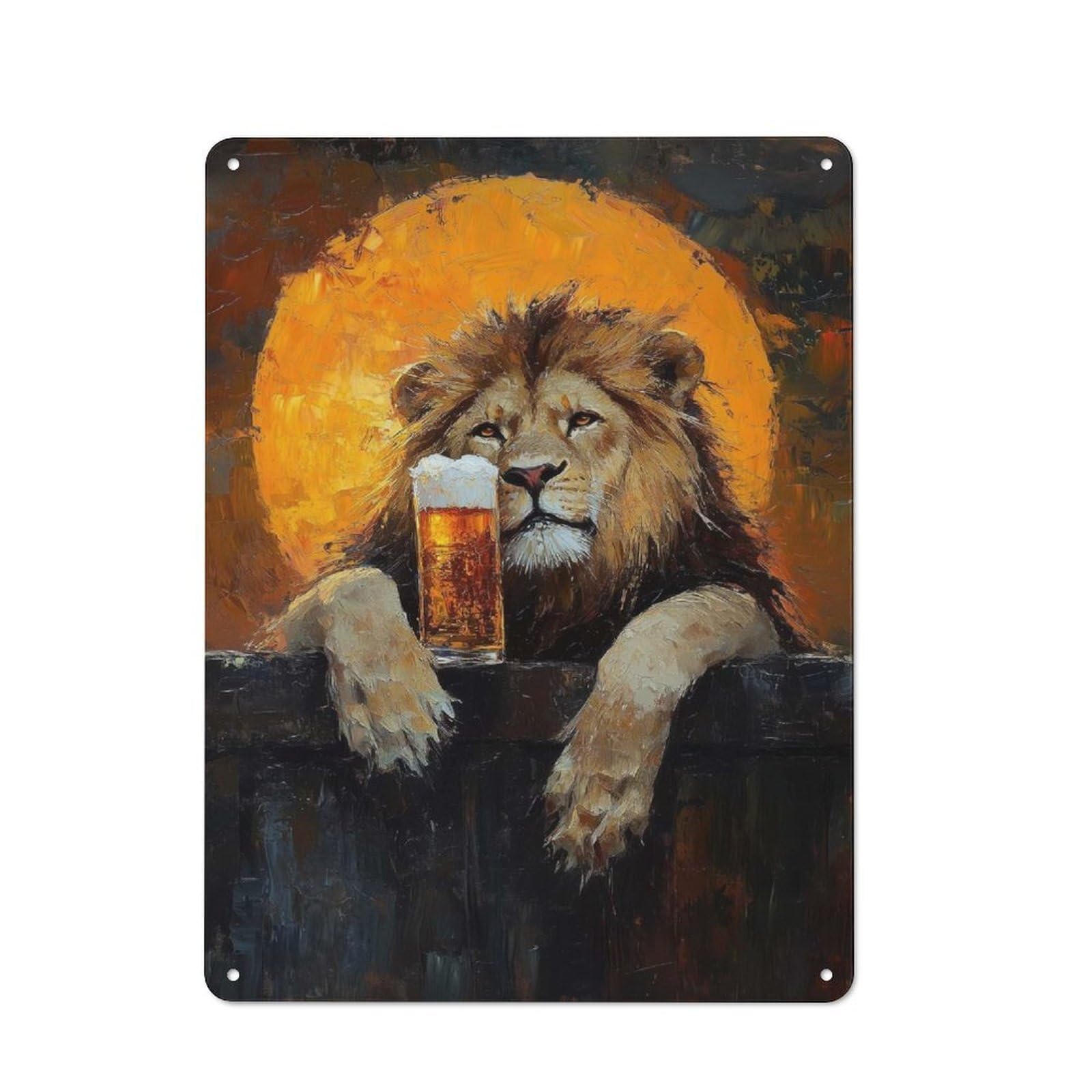 Junmoney Style-10 Metal Plaque 40X30cm With Lion With Beer For Pub Or Café, Vintage Decor, For Vintage Wall Decor Fans, For Metal Sign Collectors