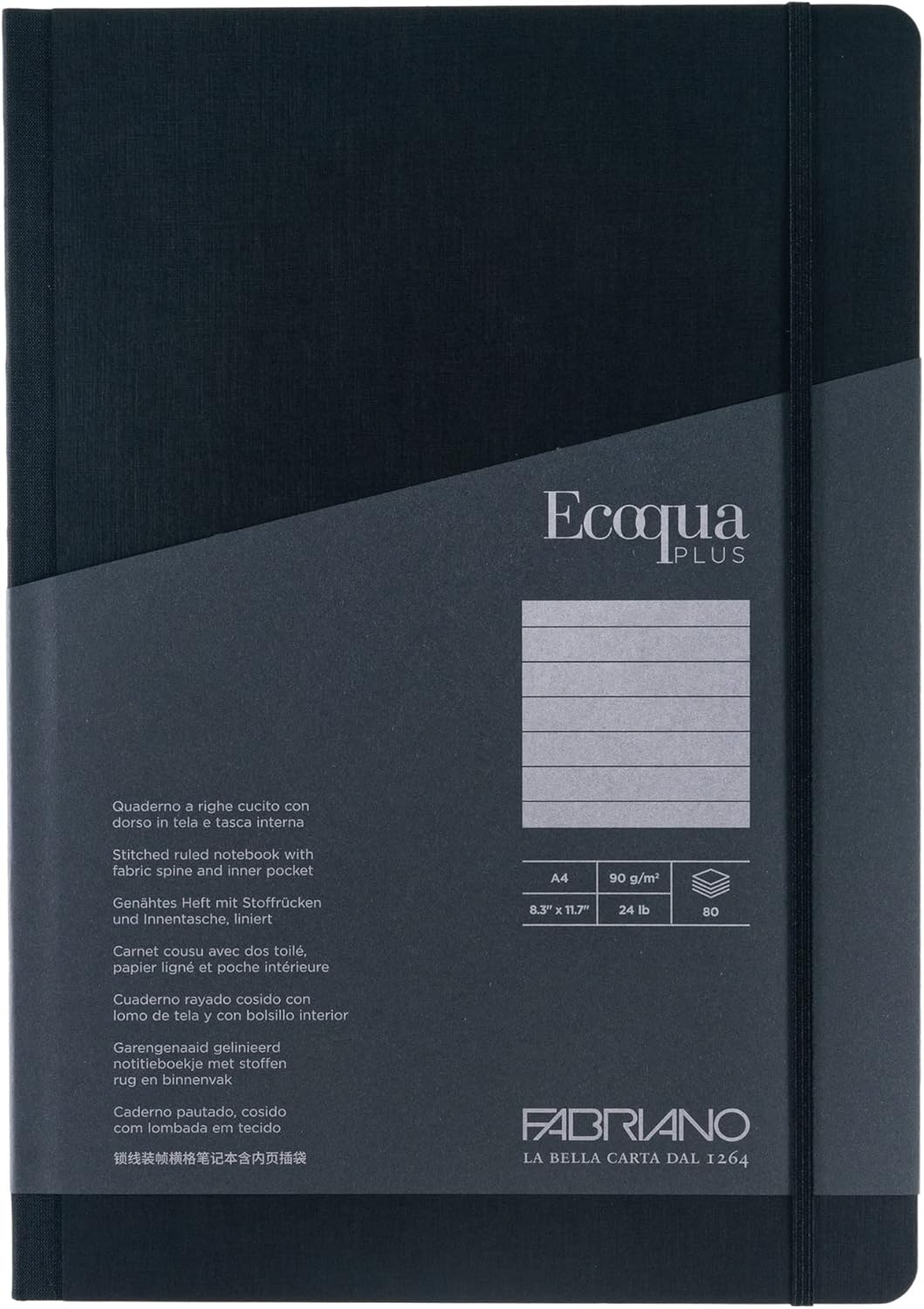 Fabriano Ecoqua Plus Fabric-Bound Notebook, 8.3" x 11.7", A4, Lined, Black