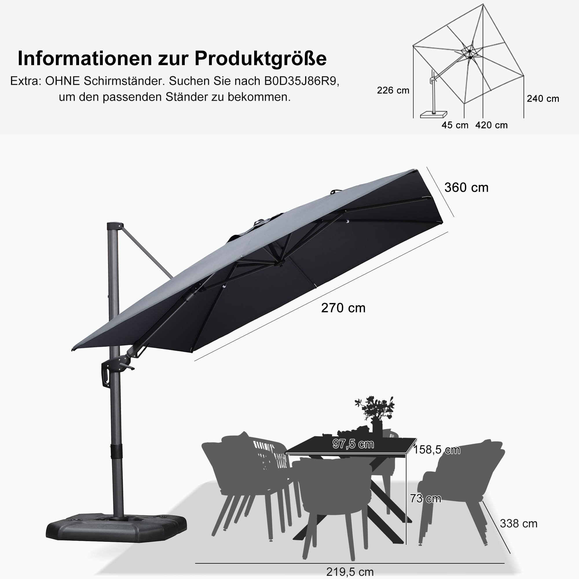 PURPLE LEAF Sonnenschirm Twist 360 × 270 cm Alu Mast 360° Rotation, Grau | Aluminiumguss-Griff, Beidseitig Axial Schwenken, Robuste 8-Streben-Konstruktion, 5-Fach Neigbar, XL-Schatten Ampelschirm
