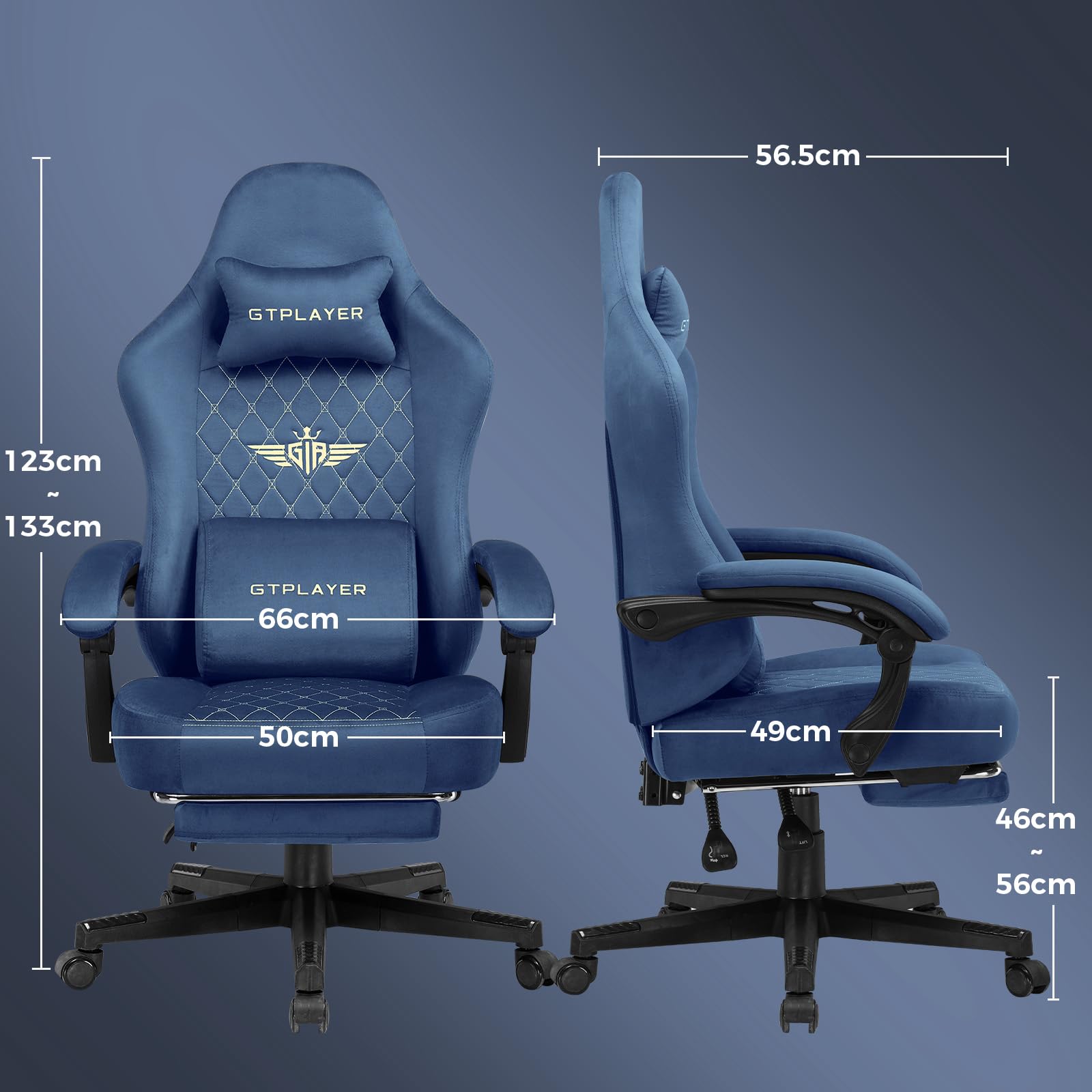 GTPLAYER Silla Gaming Ergonómica de Tela para PC y Oficina, 150 kg, Regulable y Giratoria con Cojín de Asiento con Muelles y Reposapiés, Azul