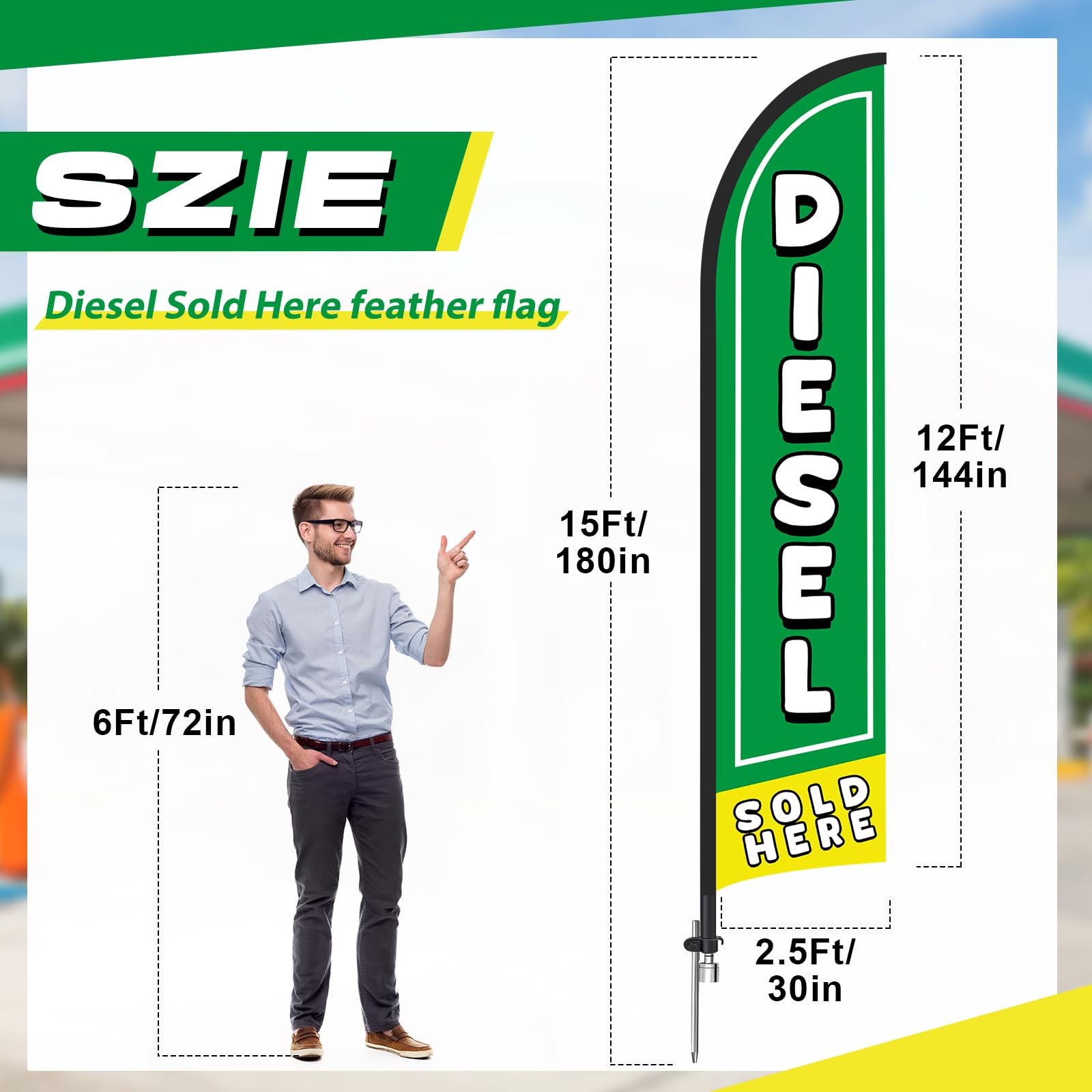 HunnmingRe Cartel de bandera de plumas Diesel Sold Here de 12 pies x 2 pies con kit de poste de 15 pies, bolsa de almacenamiento de estaca para el suelo, bandera publicitaria diésel Swooper para