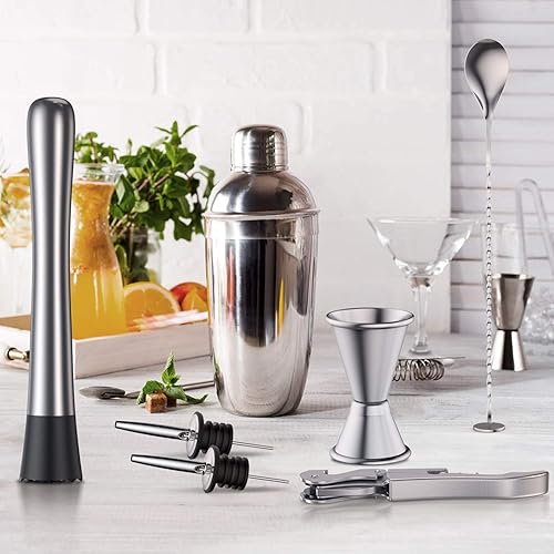 Miniatura 4 de Kasmotion Juego de coctelera con soporte kit de camarero de acero inoxidable con 10 piezas de herramientas de barra y accesorios de barra para el