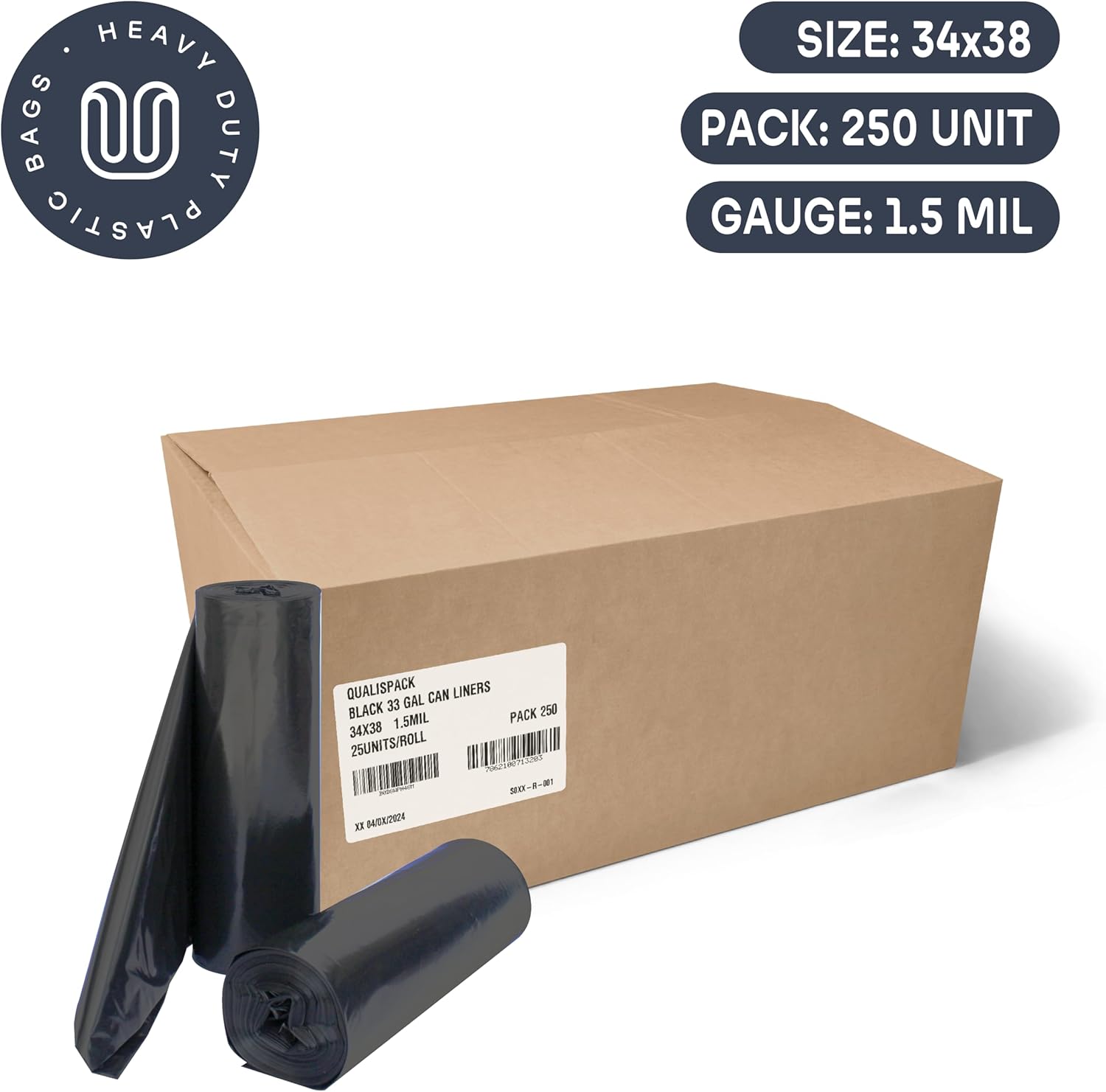 33 Gallon Can Liners | Large Black 34x38 1.5 Mil | Commercial Industrial Waste Outdoor Events | 250 Bags | 30 Gallon Heavy Duty Trash Bags