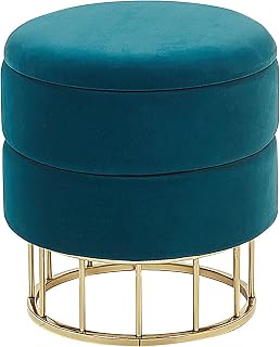 Glam Living Room Pouffe with Storage Round ø 37cm Velvet Teal Blue Gold Elgin