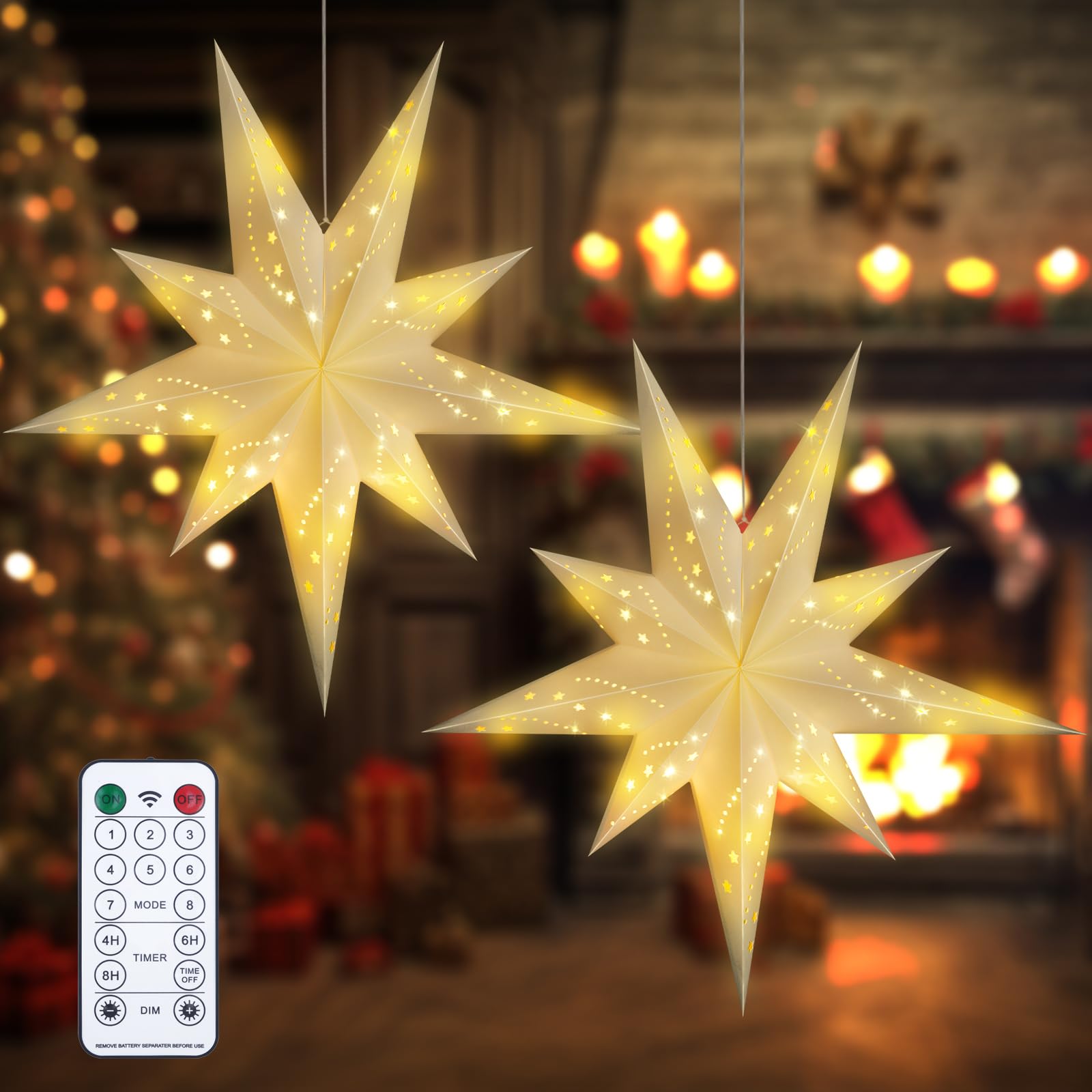 Photo 1 of 2 Pack 27 Inch Paper Star Lantern, 8 Modes 9-Pointed Star Diwali Hanging Lights, 3D Moravian Star, Christmas Decorations Lamp Indoor for Birthday Wedding Party, White