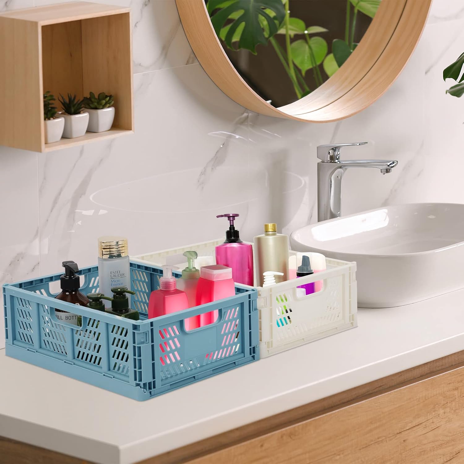 Phyllia Plastic Storage Shelf Baskets Colorful Drawer Organizers 4 Pack Home Kitchen Storage Crate Bin Stackable Food Grocery Container Folding Office Drawer Organiser Transport Box (13.3"x10.2"x5.1")