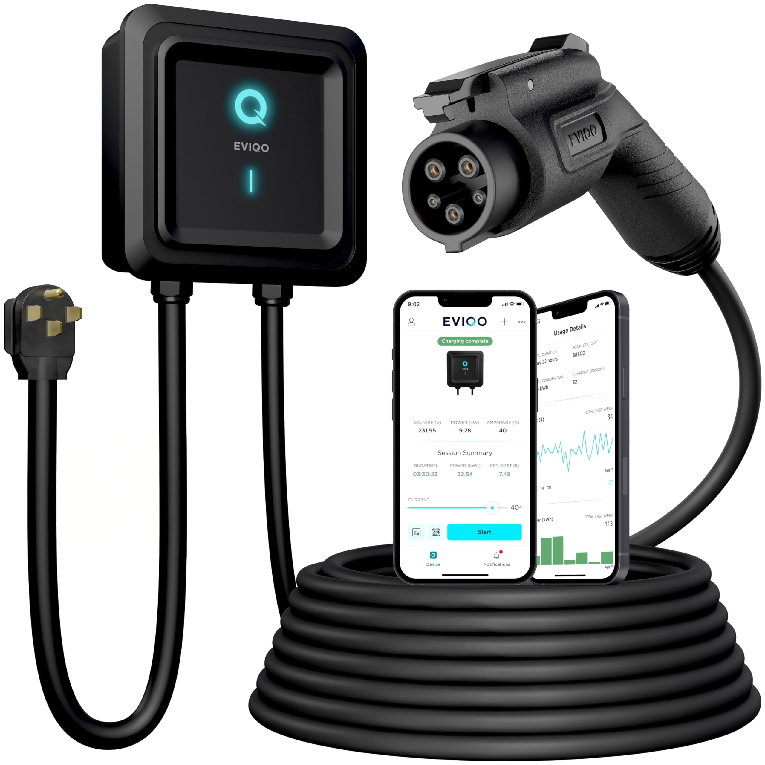 EVIQO Level 2 EV Charger 48 Amps – Wall EV Charger Level 2, NEMA 14-50 Plug, J1772 25' Cable, Enhanced Wi-Fi – UL, Energy Star and ETL Certified EVSE, Smart Car Charging Station - 240V (11.5 kW)