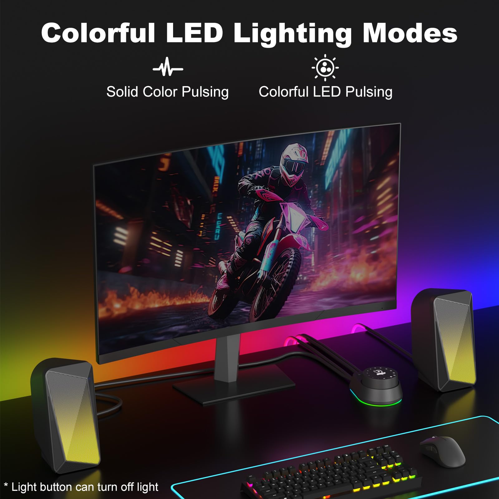 SOULION 2.0 Computer Speakers, USB Powered & 3.5 mm AUX Bluetooth Speakers for Desktop Monitor, LED Flame Lights & Easy-Control Pod, Gaming Speakers for Laptop Tablet Phone - Black