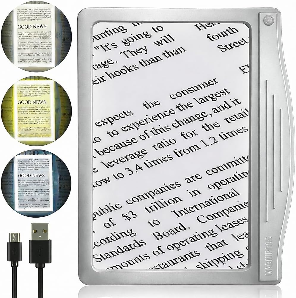 MagniPros 5X [Rechargeable] Large Ultra Bright LED Page Magnifier with Anti-Glare Lens & 3 Stepless Color Light Modes to Relieve Eye Strain-Ideal for Reading Small Prints, Low Vision and Seniors