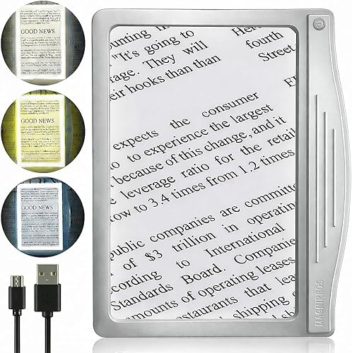 MagniPros Lupa de Página LED Ultra Brillante Grande 5X [Recargable] con Lente Antirreflejos y 3 Modos de Luz de Color Sin Escalones para Aliviar la
