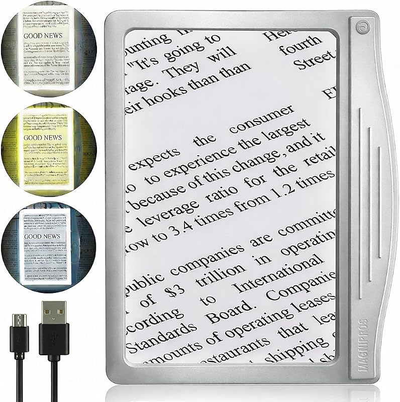 MagniPros 5X [Rechargeable] Large Ultra Bright LED Page Magnifier with Anti-Glare Lens & 3 Stepless Color Light Modes to Relieve Eye Strain-Ideal for Reading Small Prints, Low Vision and Seniors