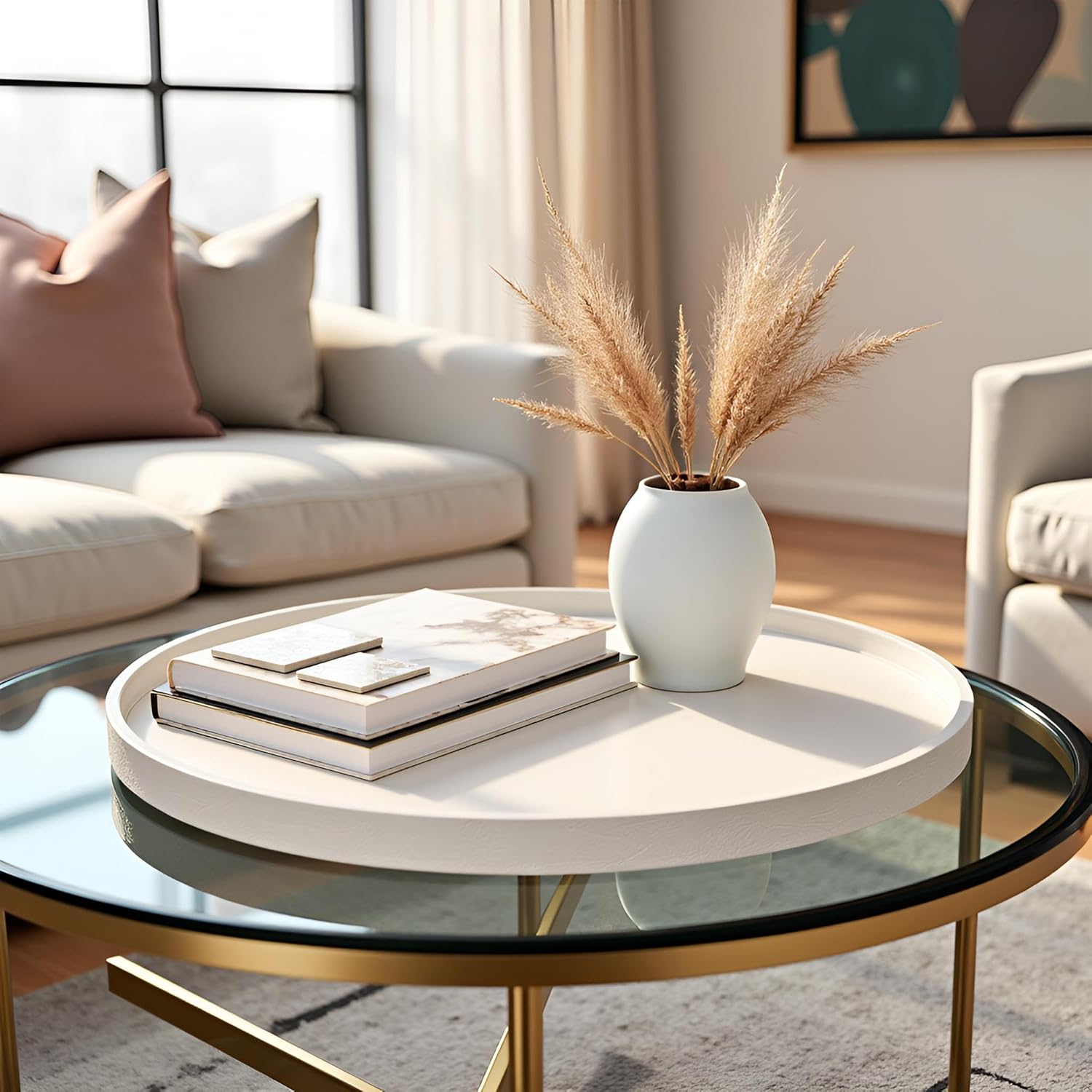 25 x 25 inches high-end Light Luxury Leather Round Oversized Service Tray, Ottoman Tray,Coffee Tray, Food Tray, Family Dinner, Out-of-House Picnic, Party Essential Tray (25 inch Beige)