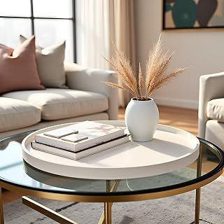 25 Inch Round Ottoman Tray - Faux Leather Large Serving Tray for Couch/Coffee Table, Family Dinner, Picnic, Party Decor (25 inch Beige)