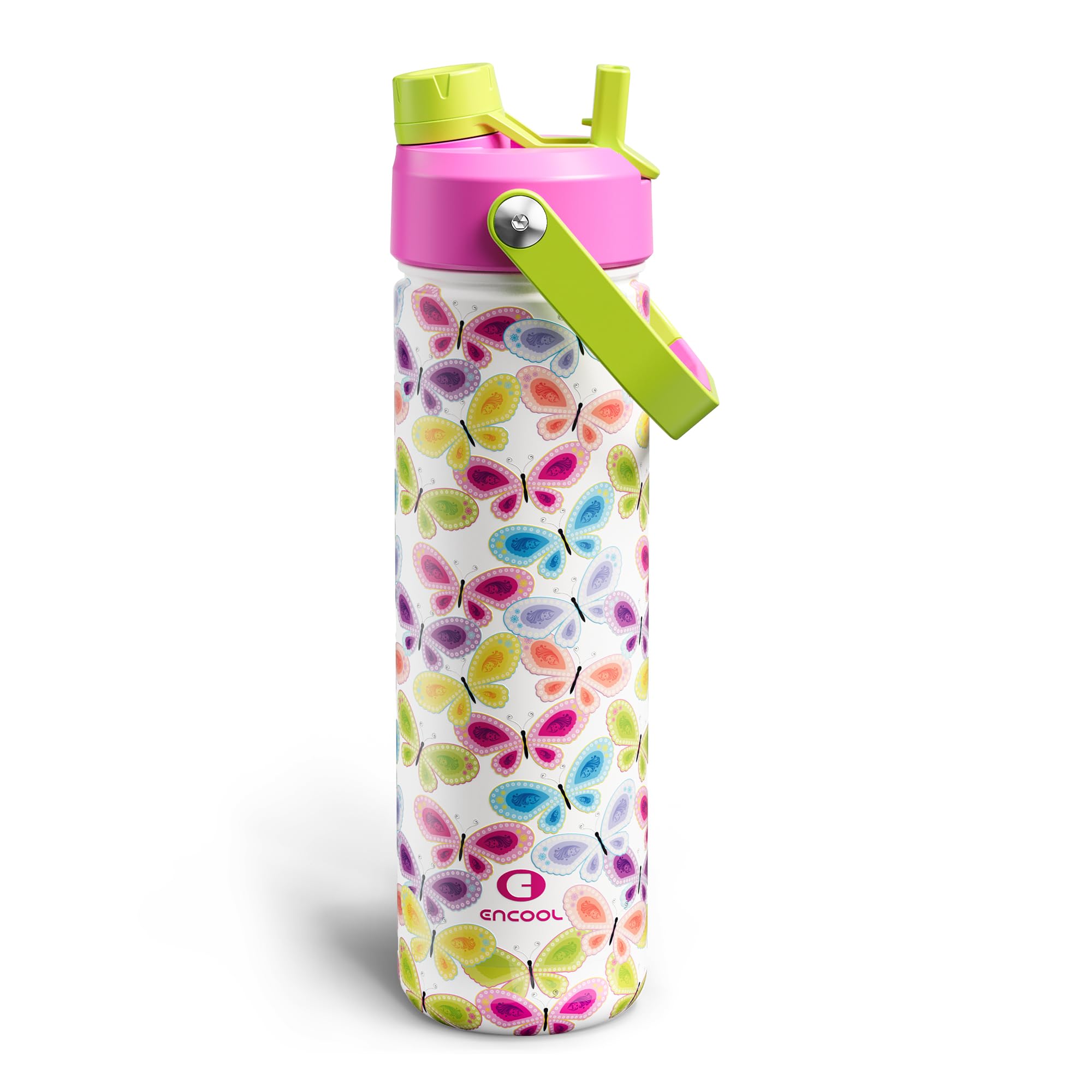 ENCOOL Insulated Water Bottle with Straw Stainless Steel Water Bottle, Leak-Proof, BPA-Free, Double Wall Vacuum Keeps Cold for 24 Hours for Sports, Travel, School (26 oz, Rainbow Butterfly)