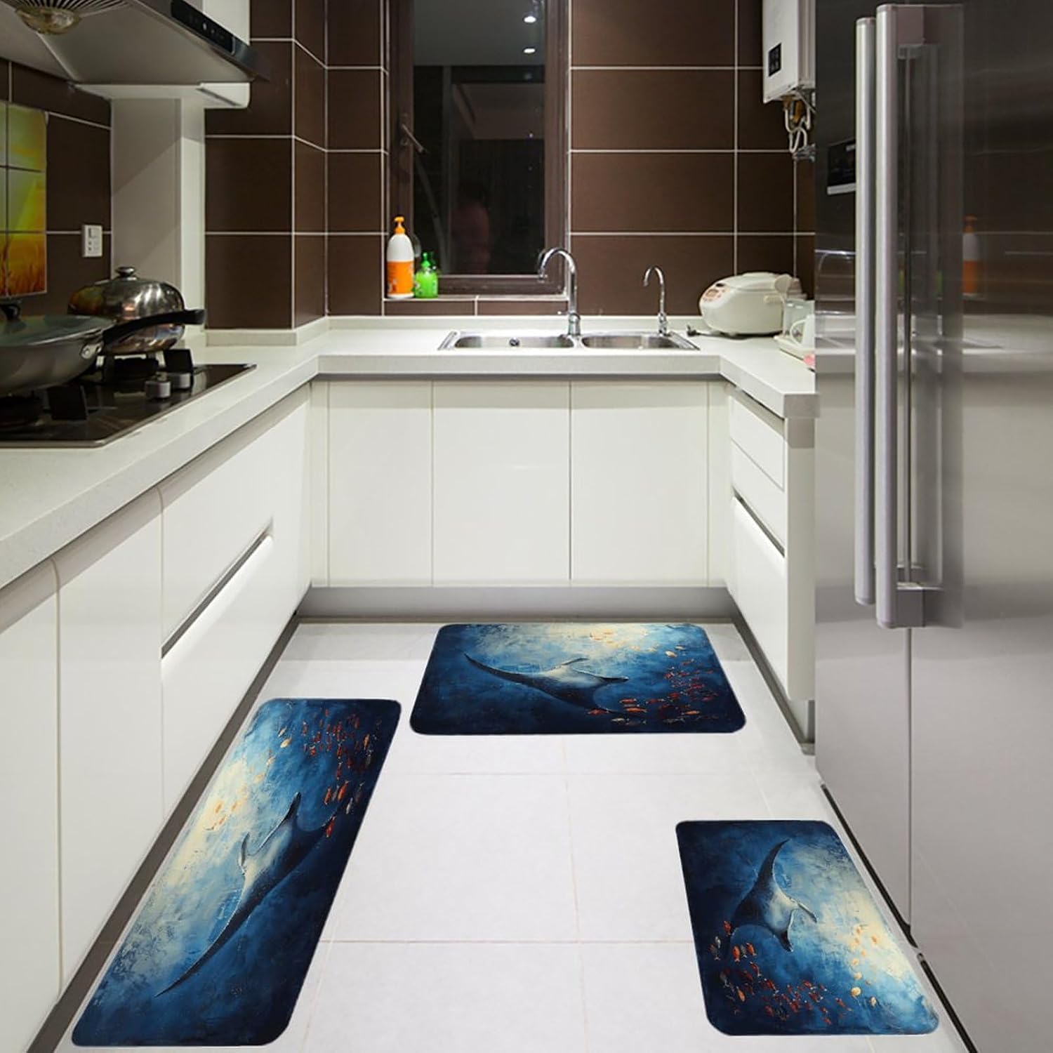 Manta Ray and Fish Kitchen Rugs Sets of 3 Washable Non Slip Kitchen Rug Water Resistant Carpet Piece Anti Fatigue Kitchen Mats Soft Comfort Standing Mat Modern Area Rug