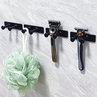 pickpiff 4-Pack Shower Hooks for Inside, Extra Sticky Stainless, Razor Holder Wall Mounted, Self-Adhesive Hanger for Shaver, Loofah, Towel, Coat, Key, Matt Black