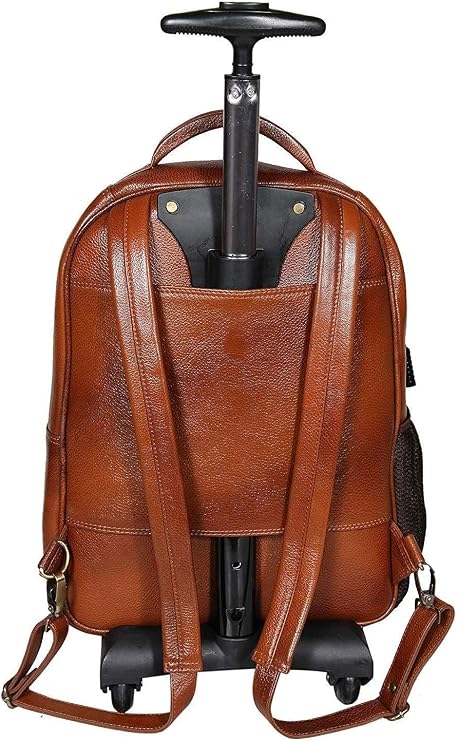 Da leather villa Full Grain Leather Backpack Travel Trolley Bag 18 Inch Cabin Size Leather Trolley Heavy Duty Backpack Bag (Tan)