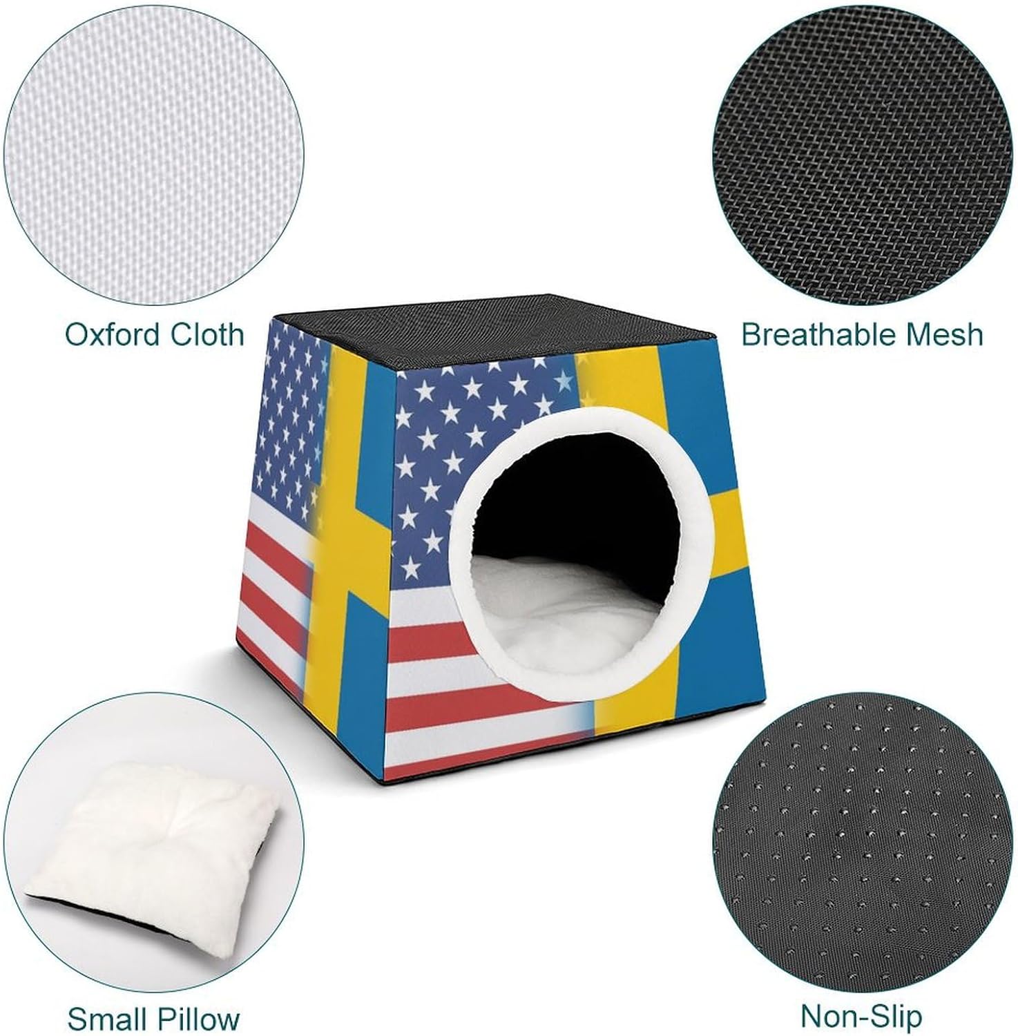Generic US and Sweden Flag Cat House for Indoor with Spacious Cat Nest, style-22-5