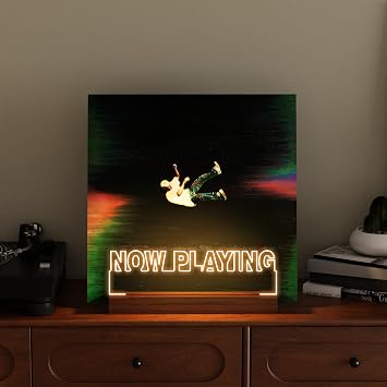 CoolGift Mart Now Playing Vinyl Record Stand, Light up Record Holder, Wooden Acrylic Display with Warm White Lights for Albums, Room Decor, for Vinyl Lovers