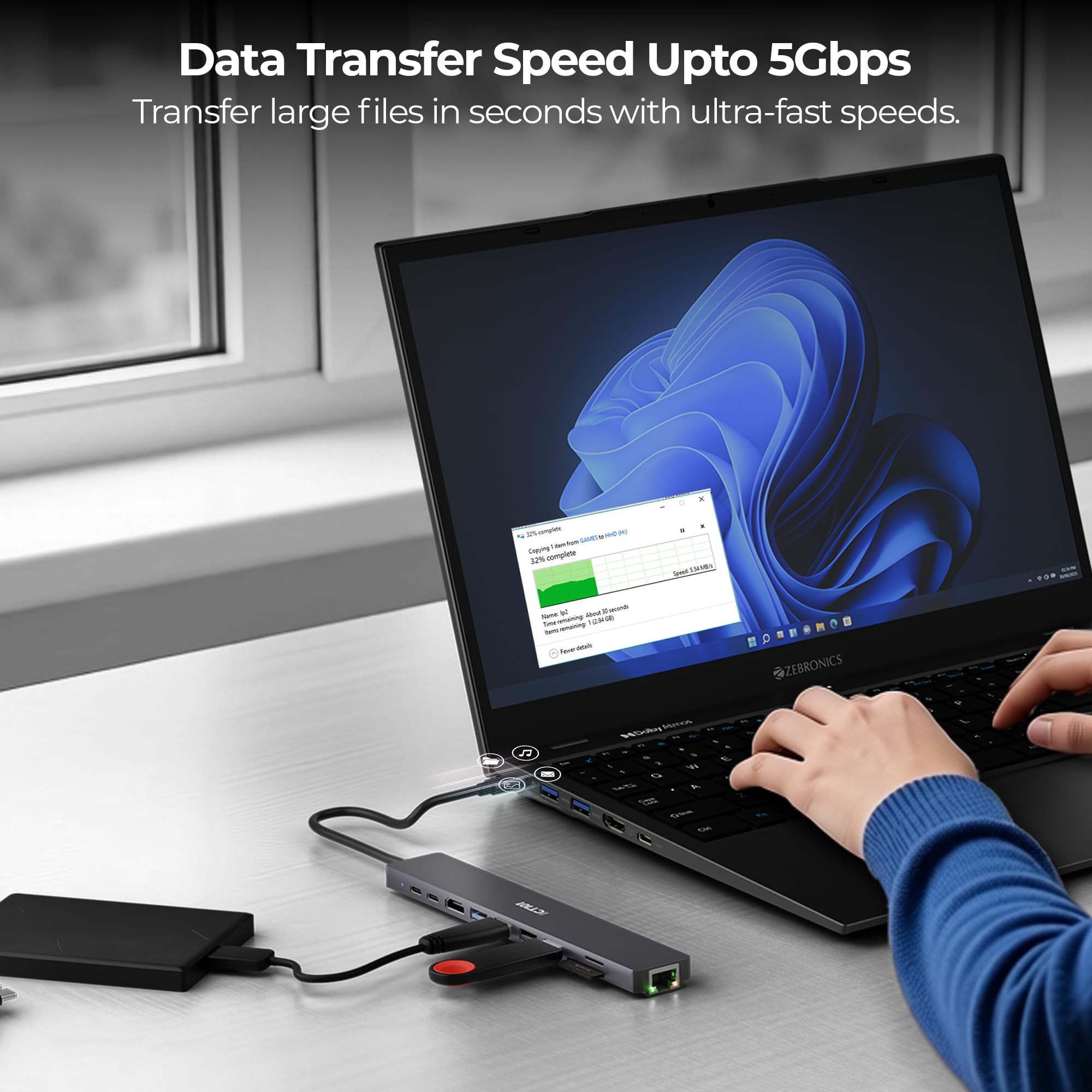 Zebronics 10-in-1 Type-C Multiport Hub, 100W PD Support, 5Gbps Data Transfer, HDMI 1.4 (4K@30Hz) with On/Off Button, USB 3.0, RJ45, SD, mSD, Metal Body, LED Indicator (CT101 Plus) — Amazon image 3