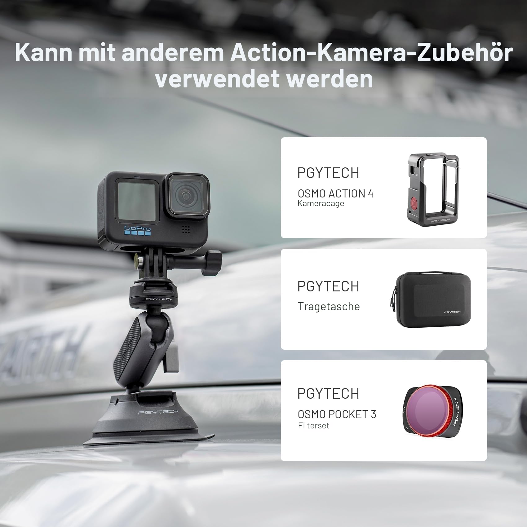 PGYTECH CapLock Saugnapf Auto Halterung Suction Cup Car Mount für DJI OSMO 360/Action 6/Pocket 4/3, für Gopro Hero 13/12, für Insta360 Ace Pro 2/X5 Action-Kam Zubehör mit 360° Doppelkopf Kugel