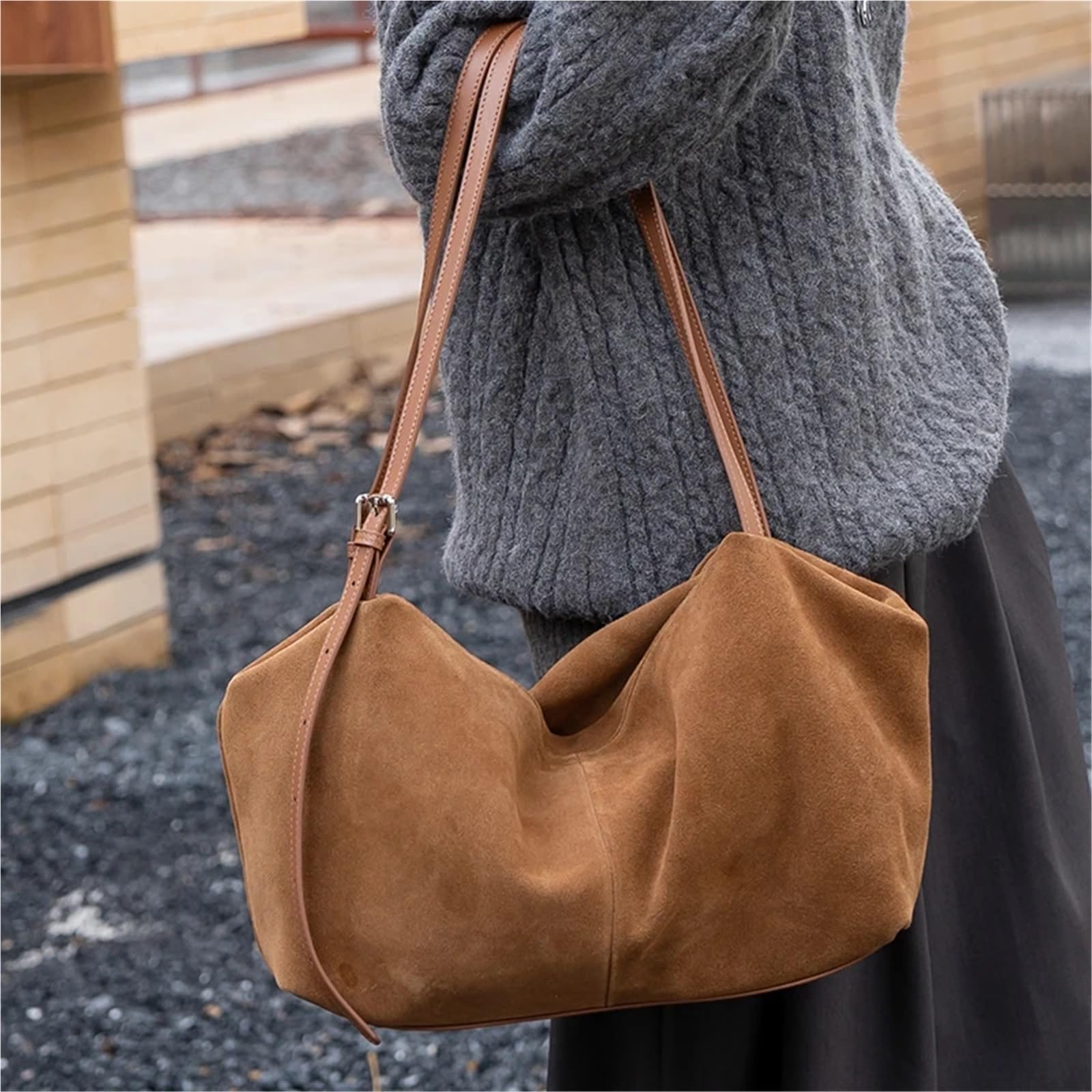 Borsa a tracolla in pelle scamosciata da donna, morbida in di vacchetta, solida, lusso, for pendolari pigri Per Lo Shopping(Coffee)