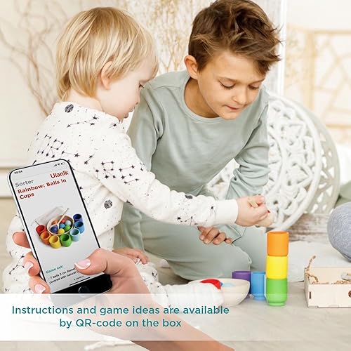 Miniatura 5 de Ulanik Pequeñas bolas de arcoíris en tazas Montessori para niños de 1 año en adelante, juego de madera a juego para aprender a clasificar y contar