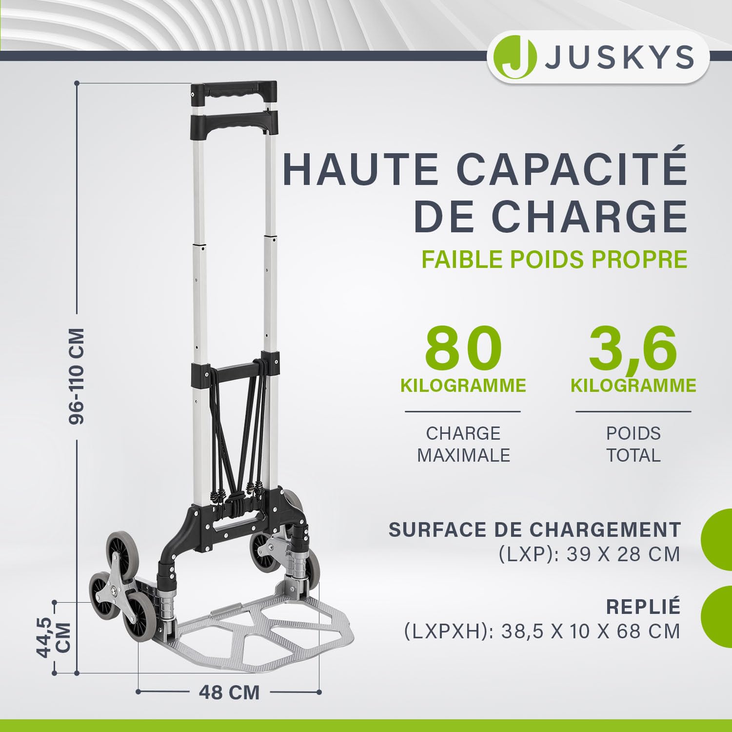 Juskys Diable Monte-escalier Pliable & supportant jusqu'à 80 kg - Mini-Diable en Aluminium pour escaliers - avec Gants & Cordes Extensibles - Petit Monte-escalier